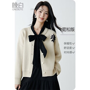 ONE BUYE2026春款時(shí)尚刺繡寬松圓領(lǐng)毛衣柔軟舒適休閑針織開(kāi)衫女 杏色 M