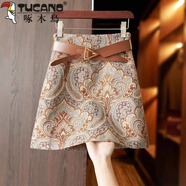 啄木鳥(niǎo)（TUCANO）春秋季咖色感印花高腰包臀a字短裙半身裙 咖色 S