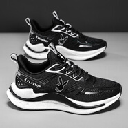 花花公子男鞋2026春秋季新款休閑運動(dòng)跑步鞋男士百搭厚底增高老爹鞋子男款 黑色 PLHH105 39