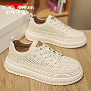 公牛世家（G.N.Shi Jia）鞋子男鞋夏季透氣防臭鏤空休閑皮鞋男士2025新款厚底板鞋 白色 40