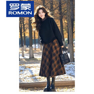 羅蒙（ROMON）春季搭配一整套2026新款香風(fēng)名媛撞色毛衣格子半身裙減齡兩件套裝 黑色上衣+半身裙【套裝】 XL 建議115-125斤
