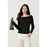 塔馳密司（touchmiss）女裝針織衫春季新款氣質(zhì)鏤空繡花荷葉邊翻領(lǐng)上衣斗篷一字領(lǐng)針織衫 經(jīng)典黑 S 155/80A