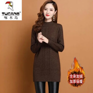 啄木鳥(niǎo)（TUCANO）針織衫女加絨/加厚毛衣半高領(lǐng)中長(cháng)款毛衣純色秋冬加厚寬松針織 深咖加/絨 加厚 L 105-115斤