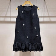 法式鑲鉆無(wú)袖A字連衣裙24秋冬新款小香風(fēng)荷葉邊小個(gè)子氣質(zhì)背心裙 黑色 S S