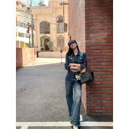 titi小姐姐單寧自由覆古中袖短款牛仔外套闊腿牛仔褲兩件套秋 闊腿牛仔褲 S S