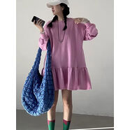 韓國chic秋季新款法式減齡圓領(lǐng)寬松拼接荷葉邊長(cháng)袖衛衣連衣裙短裙 玫粉色 均碼 均碼