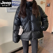 JEEP SPIRIT網(wǎng)紅黑色免洗pu皮棉襖子女加絨加厚保暖連帽學(xué)生寬松棉服外套 黑色 L