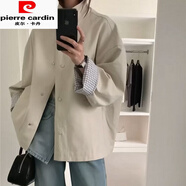 皮爾卡丹（pierre cardin）歐貨感風(fēng)衣外套女早秋中長(cháng)款寬松韓系撞色格子大衣甜美in 米白色 M