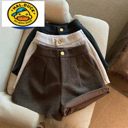 哈羅小黃鴨HAL.DUCK女童秋冬新款純色毛呢開(kāi)叉闊腿短褲松緊高腰寬松直筒休閑外穿靴褲 咖啡色 150