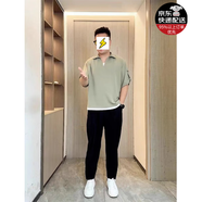 軒森圖（XUANSENTU）微胖男生顯瘦穿搭夏季短袖T恤男條紋連帽半袖體恤寬松大碼胖子潮 CS239卡其色+黑色褲子 2XL (180) 建議160-180斤