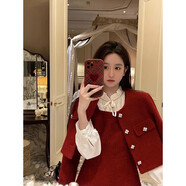 依樂(lè )琦紅色小香風(fēng)女秋冬感名媛氣質(zhì)毛呢外套長(cháng)袖裙兩件套裙 紅色小香風(fēng)外套 L