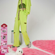 CHUU破洞休閑褲女2026春夏新款【羅米同款】寬松高腰抽繩直筒闊腿長(cháng)褲 檸綠 S