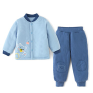 棉大班（MIANDABAN）寶寶夾棉保暖內衣套裝嬰兒秋冬三層薄棉加厚棉衣棉褲男女童冬裝新 灰藍+深藍 100 CM