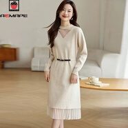 AEMAPE配大衣的內搭毛衣裙子女款秋冬新款中長(cháng)款氣質(zhì)收腰針織打底連衣裙 杏色 2XL 125-140斤