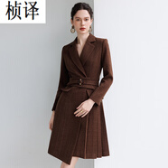 楨譯米白色播音藝考西裝連衣裙大碼女胖MM主持人演講比賽職業(yè)寬松顯瘦 加厚毛呢棕色連衣裙大衣 S