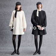 MUNJOUR法式優(yōu)雅 奢軟超細羊毛桑蠶絲撞色系帶領(lǐng)寬松A字雙面呢連衣裙 奶霜白 預售 S 預售20天發(fā)貨