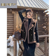 夏典素訂女王（SE.PSTP）大碼女裝美式皮毛一體馬甲外套冬新款加厚羊羔毛開(kāi)衫胖MM短款上衣 酒紅色(高品質(zhì)) 雙排扣2513 M 85-100斤