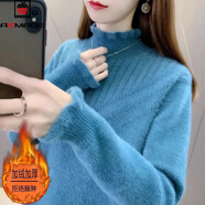 AEMAPE木耳水貂絨毛女士紅色毛衣秋冬新款加絨高領(lǐng)加厚寬松大碼打底洋氣 藍色 XL 建議121-130斤