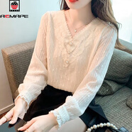 AEMAPE2025春秋新款遮肚蕾絲衫女打底衫時(shí)尚內搭小香風(fēng)襯衫女氣質(zhì)女上衣 薄款杏色 L 100-110斤