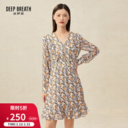 深呼吸DEEP BREATH女裝印花造型洋裝高腰雪紡連衣裙A500189 杏底藍花 S (2)