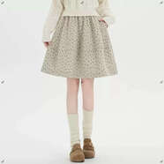 毛呢碎花短裙女秋冬中裙小個(gè)子松緊腰高腰顯瘦休閑a字蓬蓬半身裙 杏色 XXS S