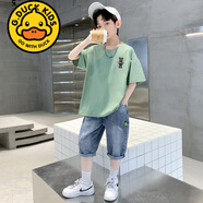 G.duck男童夏短袖套裝牛仔中褲6帥7九8十12歲男孩小學(xué)生T恤五分褲兩件套 抹茶色 120 cm