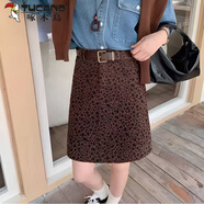 啄木鳥(niǎo)（TUCANO）大碼豹紋半身裙中裙女2025秋冬新款高腰顯瘦減齡口袋A字包臀短裙 咖色 無(wú)腰帶 L