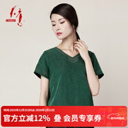 天意TANGY/天意夏季新品設計師V領(lǐng)繡花線(xiàn)設計復古國潮風(fēng)莨綢短袖T恤 7400莨原野綠 M
