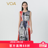 VOA桑蠶絲彈力印花圓領(lǐng)無(wú)袖碎褶松緊腰開(kāi)叉沙灘度假休閑連衣裙AD0207 豹紋紅緞（H68） M