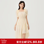 快魚(yú)方領(lǐng)泡泡袖新品連衣裙2024新款女夏不規則設計感收腰顯瘦氣質(zhì)長(cháng)裙 杏色 M