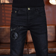 牧植男褲男褲歐貨高檔褲子燙印牛仔褲男士新款男款彈力修身休閑小腳褲 黑色 6836 32