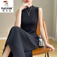啄木鳥(niǎo)（TUCANO）半高領(lǐng)背心裙打底裙無(wú)袖赫本風(fēng)針織連衣裙吊帶裙長(cháng)款t恤垂感裙子 黑色 M 80-100