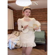 AZZHEN【柔紗告白】千金溫柔法式蕾絲拼接網(wǎng)紗下擺荷葉邊魚(yú)尾裙 白色 S