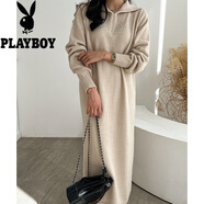 花花公子2025秋冬 韓國chic針織連衣裙大翻領(lǐng)休閑 加厚過(guò)膝毛衣長(cháng)裙 杏色 均碼