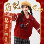 森女部落復古風(fēng)設計感翻領(lǐng)小馬套頭毛衣女新年紅百搭寬松針織衫春 小馬毛衣 單件 L