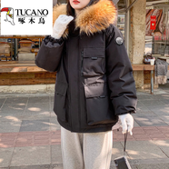 啄木鳥(niǎo)今年流行冰晶紫工裝派克棉服女秋冬季新款韓版寬松大毛領(lǐng)棉衣外套 輕薄黑色薄 M