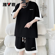 雅鹿短袖T恤男套裝夏季潮流休閑男高端半袖運動(dòng)體恤上衣服短褲兩件套 24417黑色 M 約90-110斤可穿