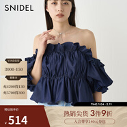 SNIDEL秋冬一字領(lǐng)露肩泡泡袖荷葉邊襯衫上衣SWFB244263 牛仔藍 均碼 （F）