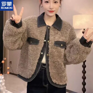 羅蒙（ROMON）牛仔毛毛短外套女2025冬季寬松小個(gè)子歐貨感小香風(fēng)拼接上衣 咖色 M