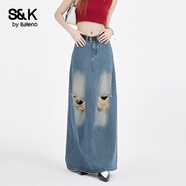 班尼路（Baleno）S&K系列復古磨白破洞設計牛仔長(cháng)裙2025秋冬時(shí)尚潮流女士半身裙