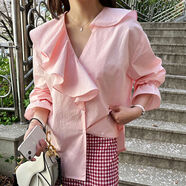 韓國chic夏季甜美氣質(zhì)V領(lǐng)拼接荷葉邊寬松百搭純色喇叭袖襯衫女 粉色 均碼 均碼