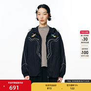 幻走（MOVEUP）2025秋季新款.FUN系列連帽繡花丈根抽繩短款外套女 黑色 S