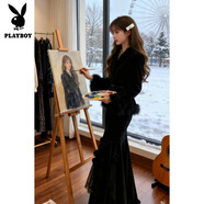 花花公子（PLAYBOY）千金穿搭套裝女秋冬巨好看赫本風(fēng)黑色毛毛外套半身裙兩件套 外套+魚(yú)尾半裙 XL 【顯瘦遮肚/洋氣網(wǎng)紅女神范/鹽系炸街/微胖穿搭