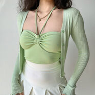 歐美風(fēng)多色薄款長(cháng)袖針織開(kāi)衫上衣女修身短款v領(lǐng)小外套 淺綠色現貨 S S