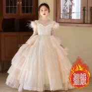 迪士尼（Disney）女童連衣裙中大童公主裙兒童蓬蓬紗裙子洋氣鋼琴演出禮服長(cháng)裙冬季 0082香檳長(cháng)袖加絨 +皇冠 110