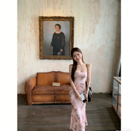 樂(lè )卡利蝴蝶印花吊帶連衣裙女夏季性感收腰露背綁帶包臀裙網(wǎng)紗純欲長(cháng)裙子 粉蝴蝶 L