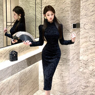 SZEL新中式日常改良版旗袍長(cháng)袖打底緊身高級感復古包臀收腰印花連衣裙 黑色 S