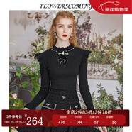 flowerscoming花兒開(kāi)了2022冬季新款復古荷葉邊圓領(lǐng)針織衫女喇叭袖內搭顯瘦上衣 黑色 S