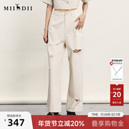 謎底破洞牛仔褲女夏新品復古BF風(fēng)親膚透氣直筒褲242MK0614 米白 M