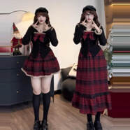 ?？|竺大碼甜美俏皮毛領(lǐng)襯衫套裝女秋冬胖mm顯瘦學(xué)院風(fēng)格子半身裙兩件套 紅格長(cháng)裙 M 【80-100斤】